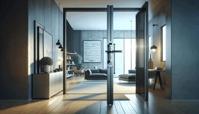 How to Secure Sliding Doors: A modern sliding door with an adjustable security bar in a stylish, well-lit home interior.