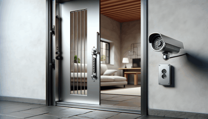 A high-security sliding door with secondary slide bolt, pin lock, and nearby security camera for enhanced home protection.