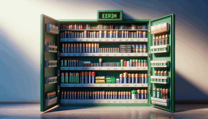 Blackout Kit Checklist: A variety of batteries including AA, AAA, C, 9V, and rechargeable, organized with expiration labels in a cool, dry storage.