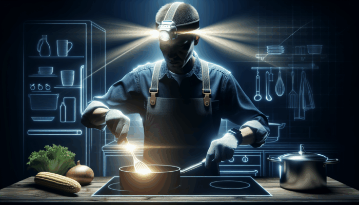 Person using a waterproof headlamp with adjustable straps to cook during a blackout, illuminating kitchen.