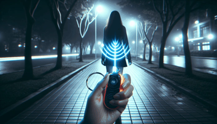 Personal Alarm: A compact personal alarm on a keychain, emitting a loud sound to deter attackers and attract help in a dimly lit park at night.