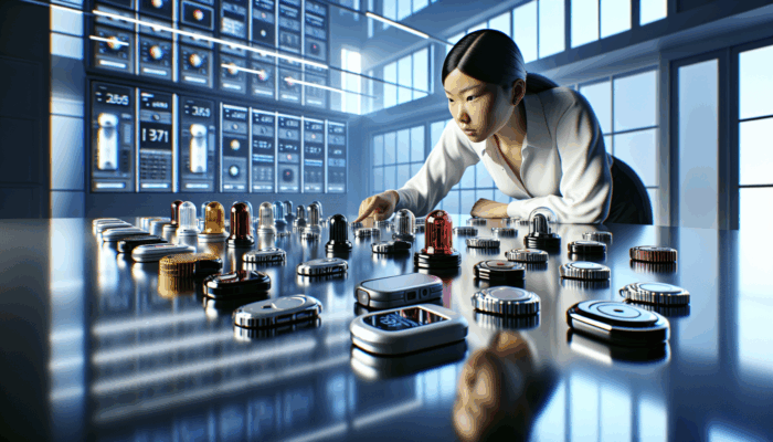 A person comparing different safety devices on a table, each with unique features, in a modern room.