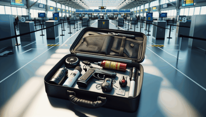 TSA-compliant self-defense items in a carry-on bag at an airport security checkpoint.