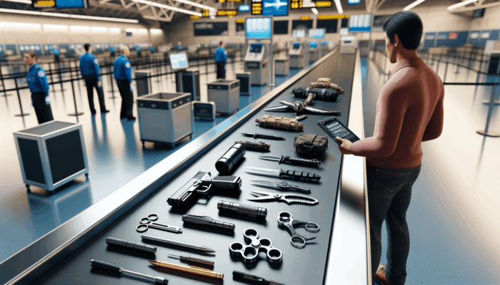 Traveler examining TSA-approved self-defense tools like tactical pen and kubotan at airport security.
