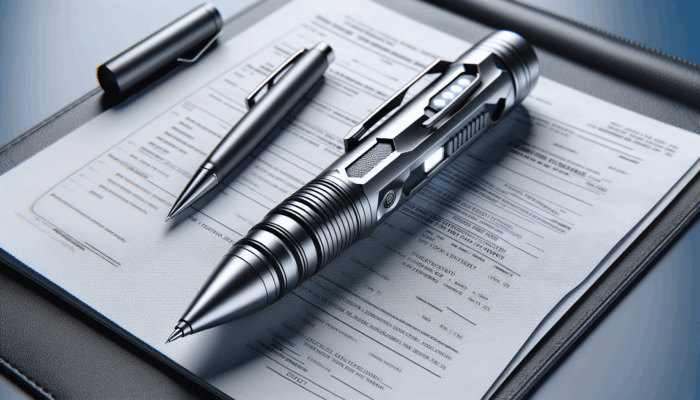 Sleek aluminum tactical pen with LED light and glass breaker on travel document, ready for journey.