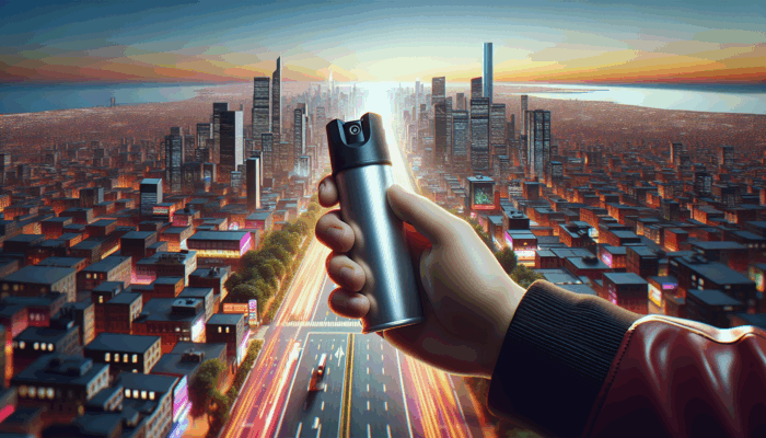 Self-Defense Tools: A traveler holds a compact pepper spray canister against a vibrant city skyline, symbolizing safety.