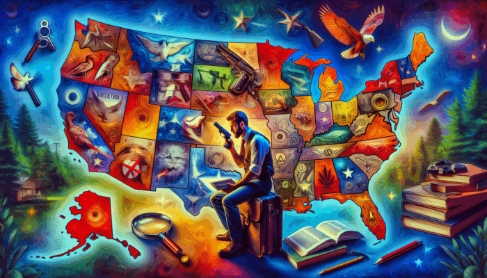 Traveler using magnifying glass and guidebook to navigate U.S. self-defense laws on a colorful map.