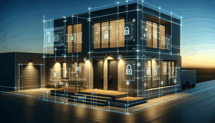 Home Security Habits: Modern home at dusk with reinforced doors, windows, high-quality deadbolts, and security bars for enhanced security.