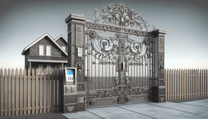 A sturdy metal security gate with intricate designs at a suburban home's entrance, equipped with an intercom and automated controls.
