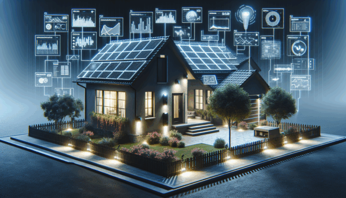 Suburban home at night with solar-powered motion-sensor lights enhancing security and visibility.