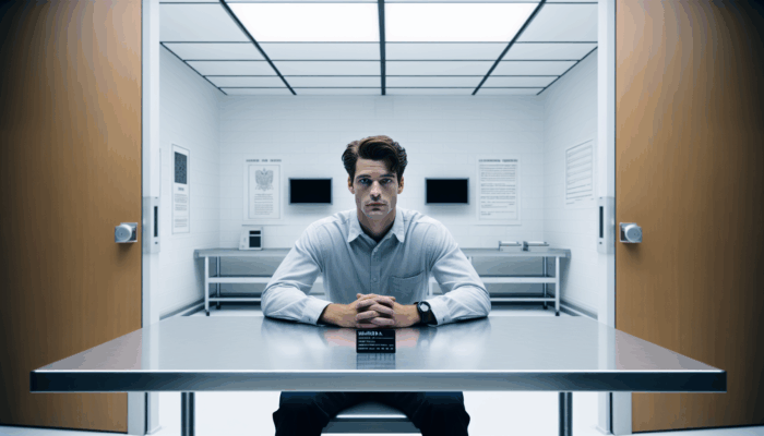 talking to police after self-defense: A person in a police interrogation room, silently exercising their right to remain silent, with a Miranda warning card on the table.