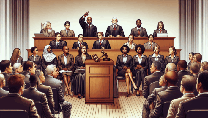 A courtroom scene with a diverse jury, defendant confronting witnesses, and lawyer presenting defense, symbolizing a fair trial.