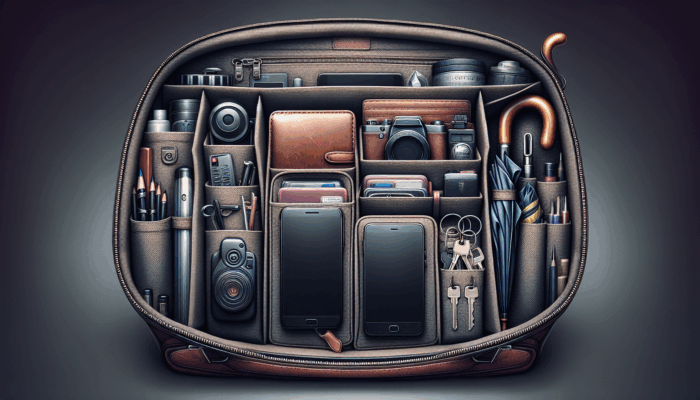 best edc bags for women: A well-organized bag with wallet, phone, keys, and umbrella neatly arranged in compartments.