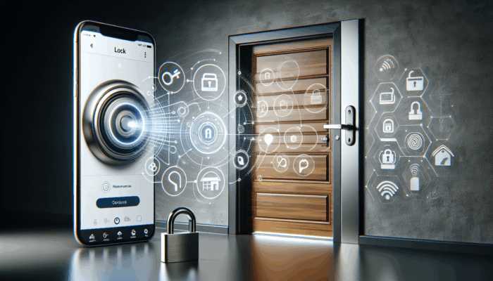 Best Smart Locks With Phone App: Modern smart lock on front door, smartphone showing lock app with remote access and real-time notifications.