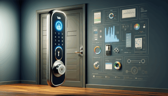 Yale Assure Lock with touchscreen on modern door, integrated with Apple HomeKit, stylish and secure.