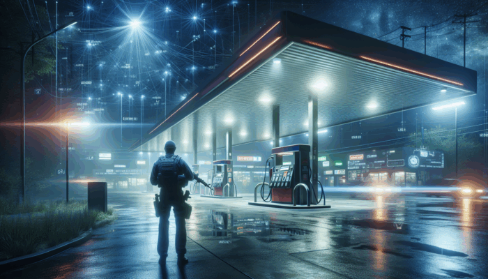Gas Station Safety at Night: A person vigilantly scanning a nighttime gas station, noting suspicious elements, ready to leave if unsafe.