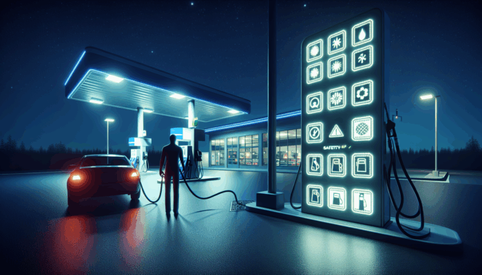 A person refueling their car at a well-lit, safe nighttime gas station.