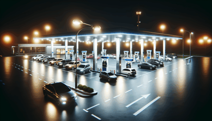 Gas Station Safety at Night: A well-lit gas station parking lot at night, enhancing safety with bright lights and security cameras.