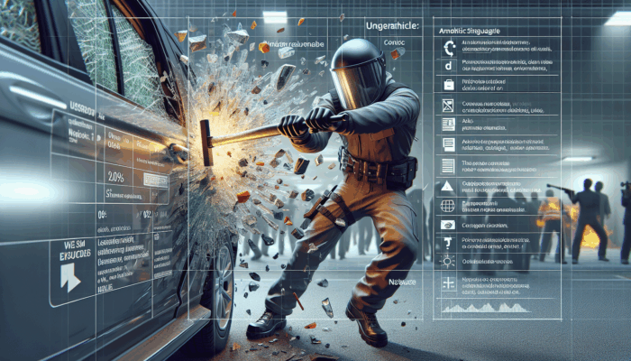 Person using window breaker tool on car window corner for emergency escape.