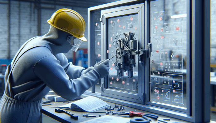 A mechanic inspecting a window breaker for wear and corrosion, ensuring smooth operation, wearing safety gear.