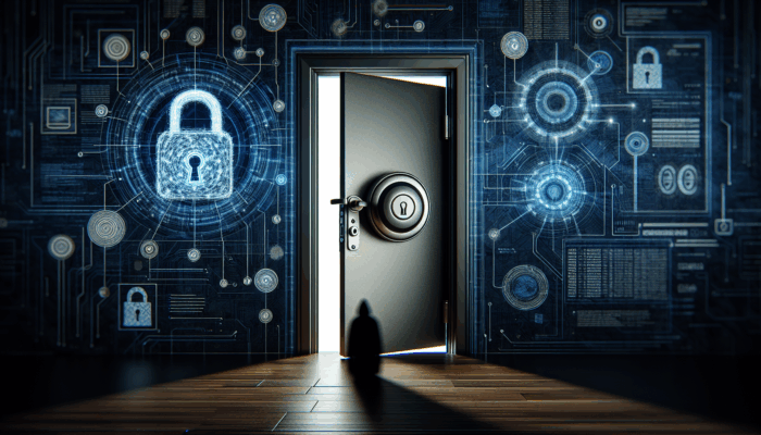 Smart lock on door with digital security icons and hacker silhouette, illustrating cybersecurity risks.