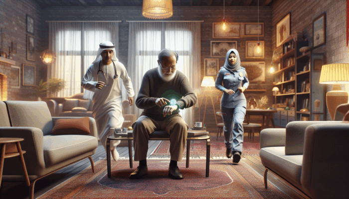 senior emergency alert systems: An elderly person activates a wristband alert, prompting paramedics to rush to their aid in a cozy living room.