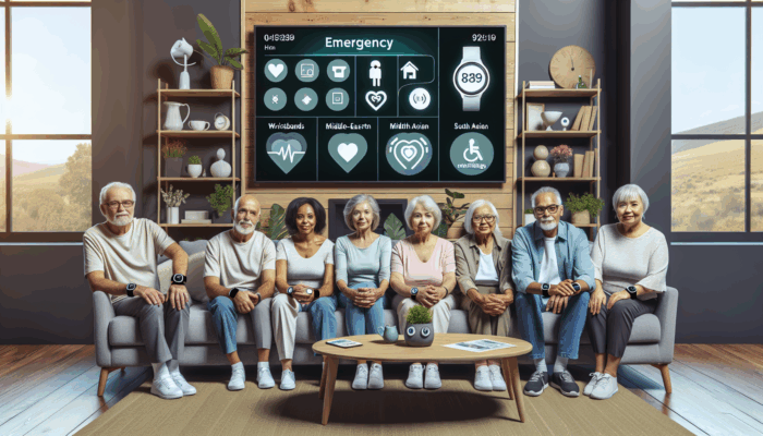 Seniors wearing different emergency alert devices in a modern living room with a monitoring system.