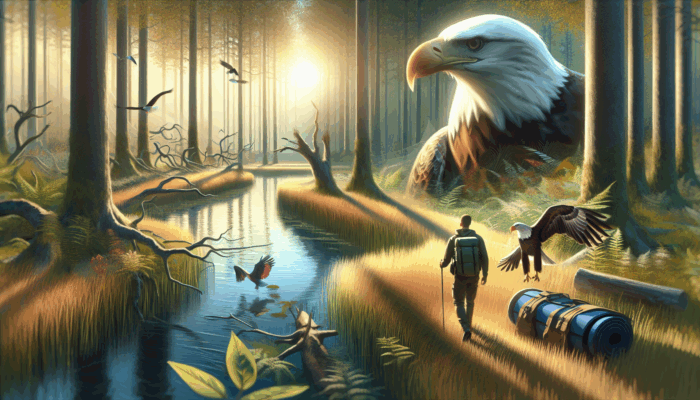 wild animal protection hiking: A hiker observing a bald eagle in a protected habitat with ESA signs and posters.