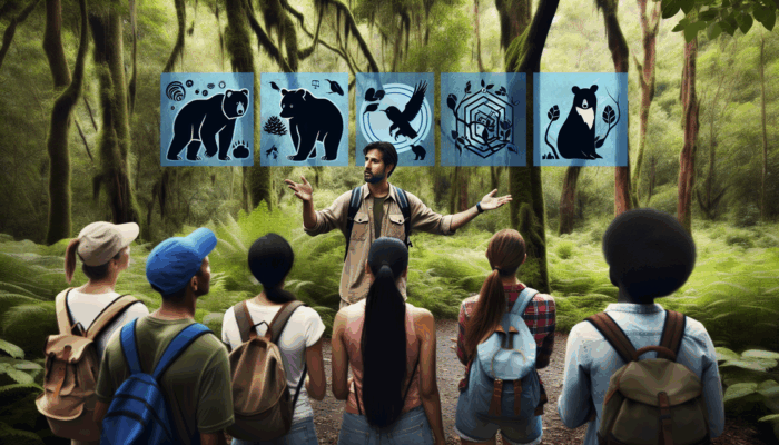 wild animal protection hiking: Hikers learning about bear behavior and bird nesting from a wildlife expert in a forest.
