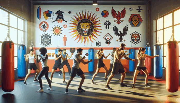 A diverse group practicing self-defense in a gym with instructors and motivational posters.