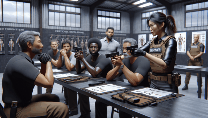 Firearms training session with diverse participants learning safe handling and tactical self-defense from a certified instructor.
