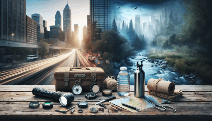 Beginner EDC Guide: Essential EDC items on a rustic table, urban to nature backdrop, symbolizing preparedness.