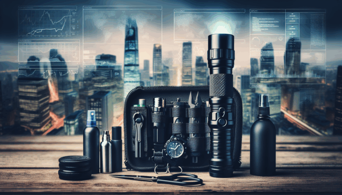 A well-organized EDC kit on a wooden table with flashlight, pepper spray, and other items, cityscape background.