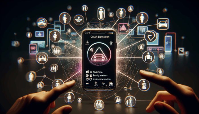 Smartphone showing App C with crash detection and family safety icons, connected to family and emergency services, set in a serene home.