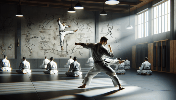 A martial artist demonstrating self-defense in a dojo with students and instructional diagrams.
