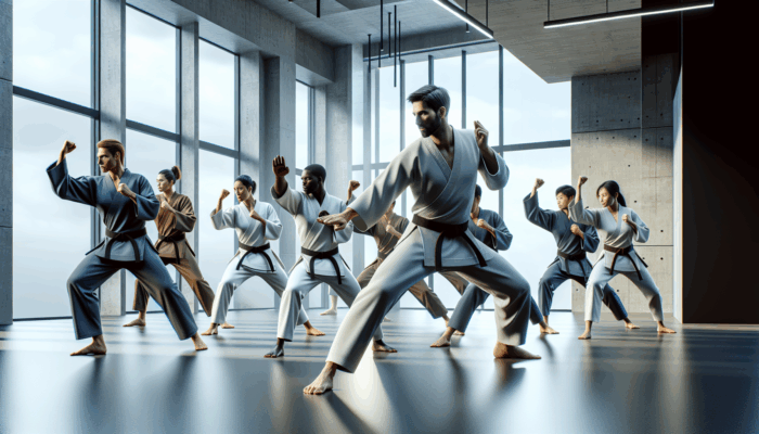 A diverse group of students practicing self-defense in a modern dojo with an instructor.