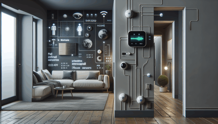 Motion Sensor Placement Guide:Various motion sensors in a modern home's hallway and living room, detecting humans but not pets.
