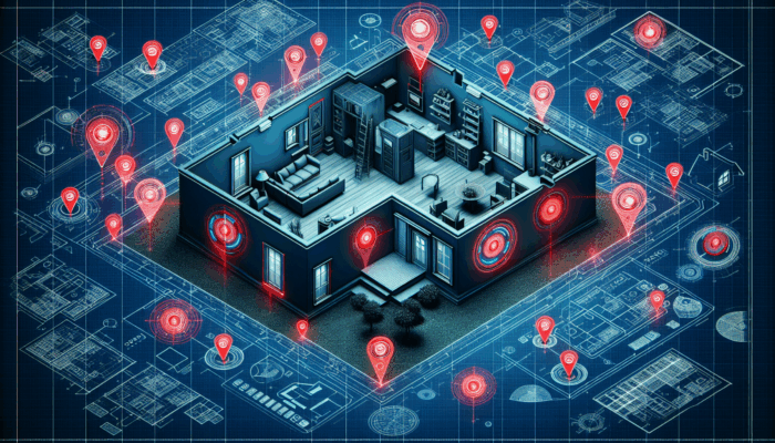 Blueprint of a home with red-highlighted motion sensors at all entry points and common areas for maximum security.