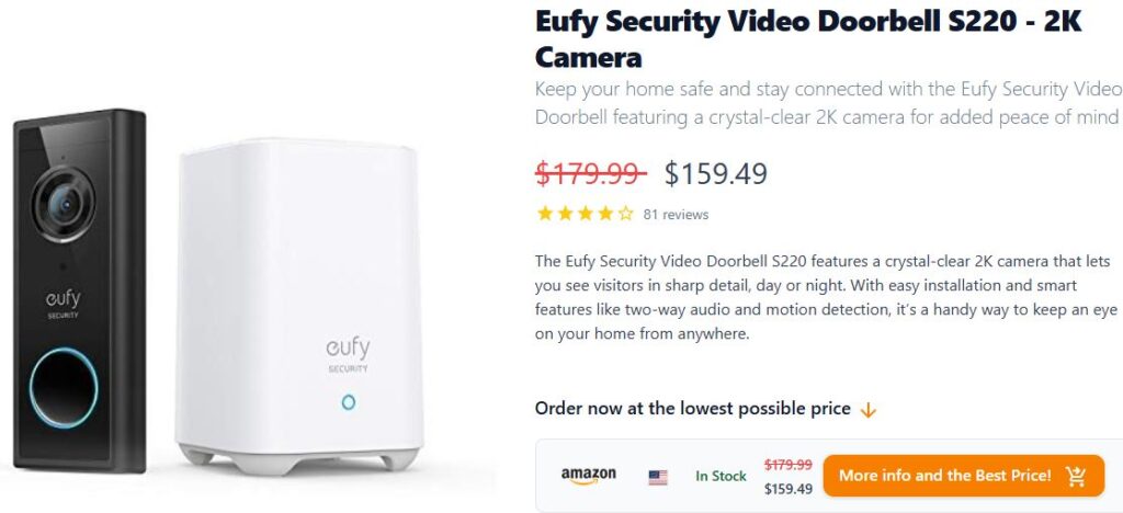 Smart doorbell under $200: Eufy Security Video Doorbell S220