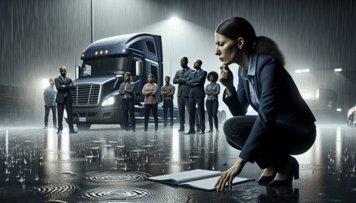 Truck Driver Self-Defense Tips: A truck driver evaluating a dimly lit, uneven parking area in heavy rain, with traffic and observers.