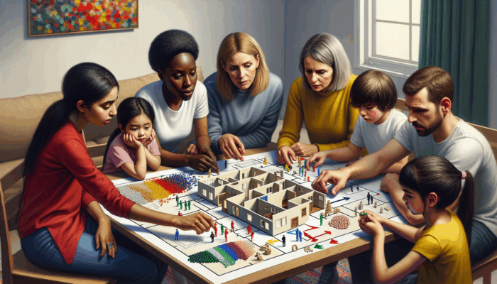 How to Stay Calm During a Home Invasion: Family discussing and mapping escape routes and safety points on a home floor plan.