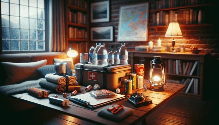 Emergency kit on table with water, food, flashlight, batteries, first-aid kit in cozy room.
