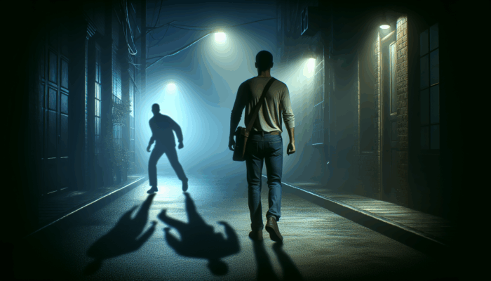A person alert on a dimly lit street, stepping back from an approaching shadowy figure, ready to call for help.