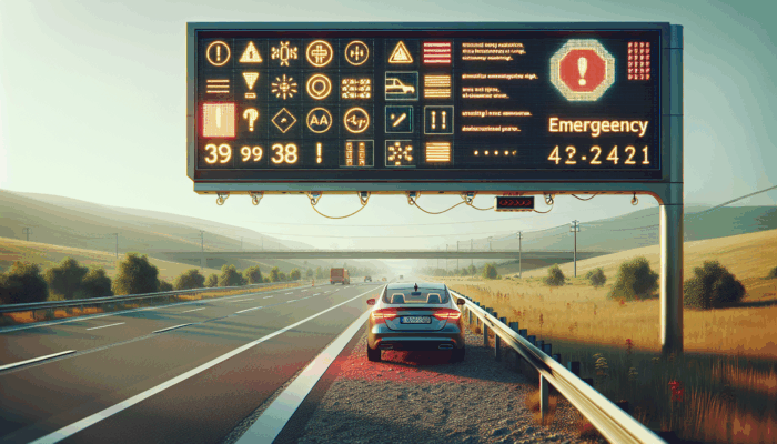 what to do when your car breaks down: A car on a wide highway shoulder, distant from traffic, under an emergency sign.