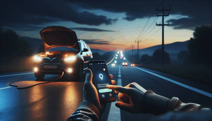 A person using a smartphone to call for roadside assistance during a car breakdown at dusk.
