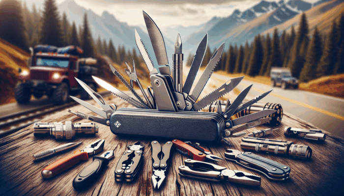 A variety of multi-use EDC tools displayed on a rugged outdoor setting with a blurred forest background.