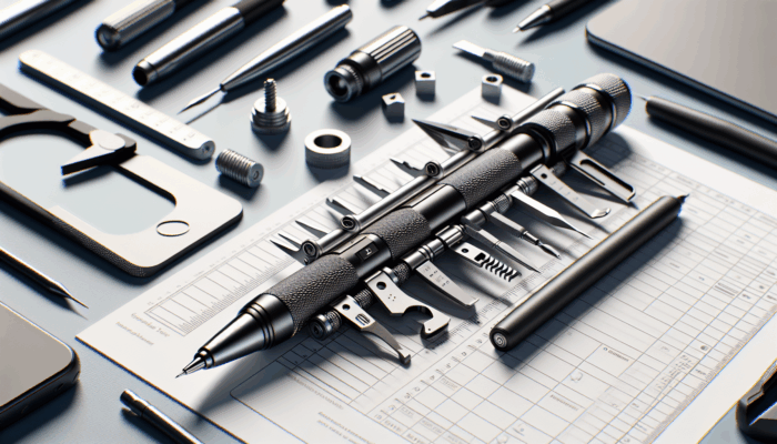 Sleek EDC pen with screwdriver and ruler, used for writing and fixing, on minimalist background.