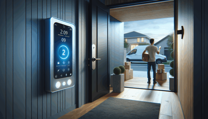 Modern smart doorbell with two-way audio at home entrance, homeowner using smartphone to talk to delivery person.