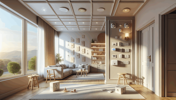 A serene home interior with safety features like smoke detectors, child-proof locks, and non-slip mats.