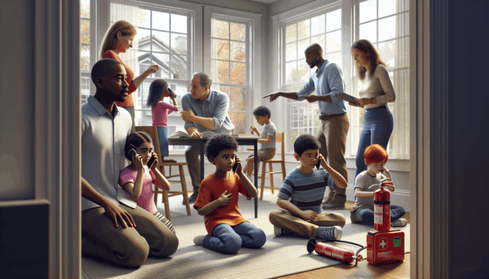 Children role-playing emergency calls, learning to state name, location, and emergency details with adult guidance.